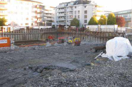 Neubau Überbauung Merkurhof, Rapperswil, Projekt und Baukontrolle Tragstruktur in Massivbauweise, Projekt und Fachbauleitung Baugrube mit Spundwand und einer Pfahlfundation