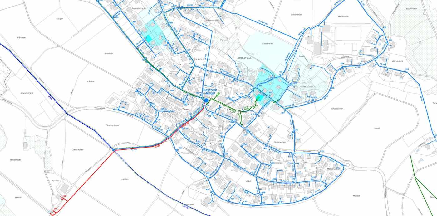 Leitungskataster, Aeugst am Albis, Ersterfassung der Medien Wasser, Abwasser, Melioration und Strassen ab den analogen Plänen, Ergänzende Feldaufnahmen, Erstellung von Werk- & Übersichtsplänen, Nachführung gemäss Ausführungsplänen und Einmassskizzen, Export ins WebGIS