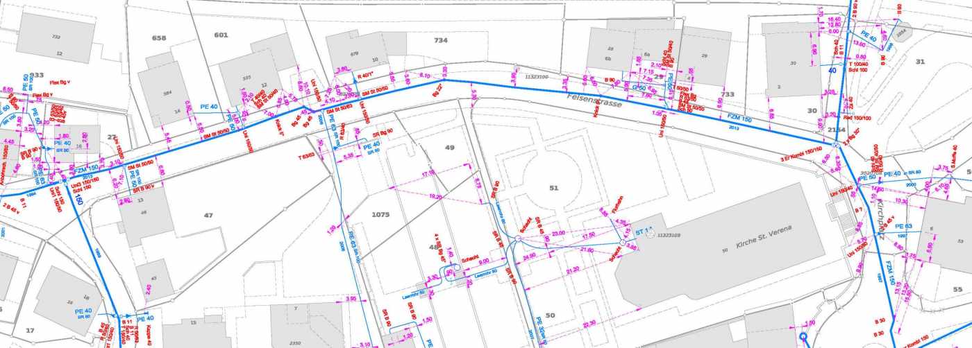 Leitungskataster Korporation, Wollerau, Laufende Nachführung aufgrund der gelieferten Einmasse, Erstellung von Werk- und Übersichtsplänen, Erstellung von Auswertungen und Statistiken, Export in die Abfragestation Geomedia