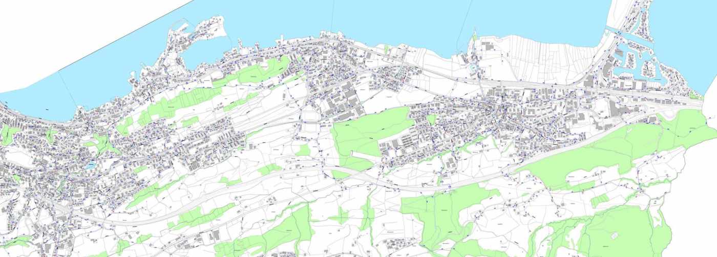 Leitungskataster Korporation, Pfäffikon, Konstruktion ab bestehenden Werkplänen, Erstellen von Werk- und Übersichtsplänen, Systemmigrationen, Laufende Nachführung, Betrieb Abfragestation Geomedia