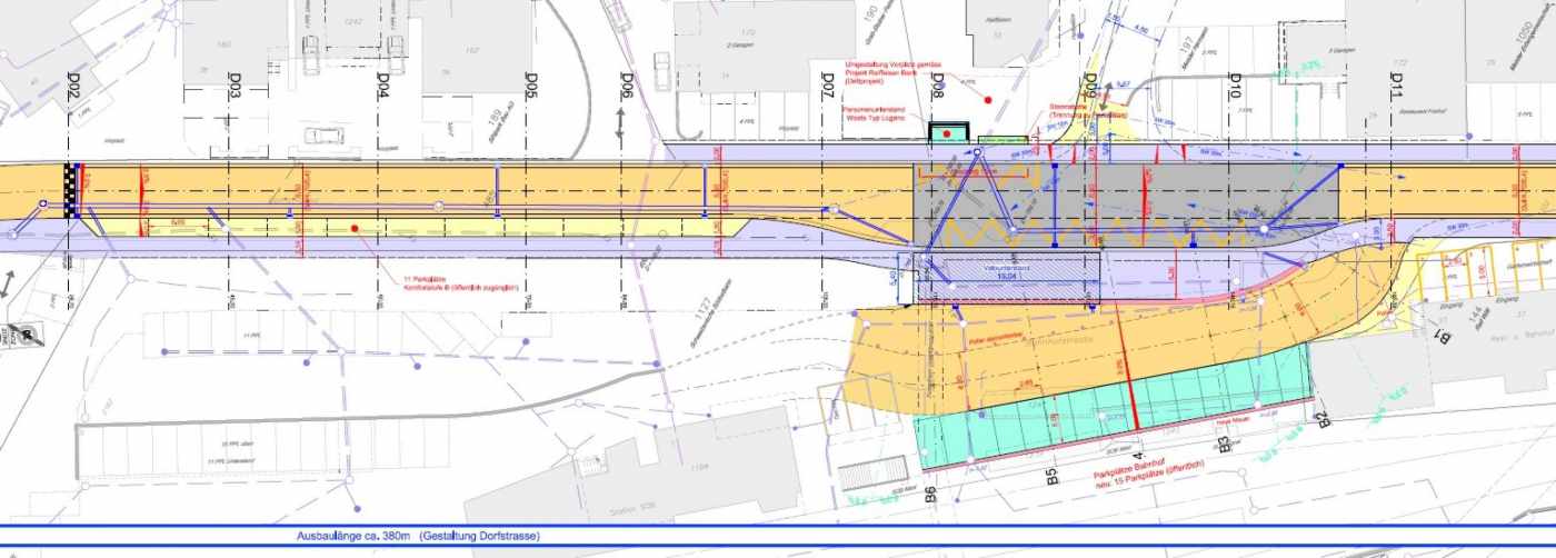 Erneuerung Dorfstrasse, Schindellegi, Feldaufnahmen, Digitales Terrainmodell, Variantenstudium, Vorprojekt, Bauprojekt, Baubewilligungsverfahren, Ingenieursubmission, Offertvergleich, Verhandlungen mit Eigentümern/Behörden, Oberbauleitung