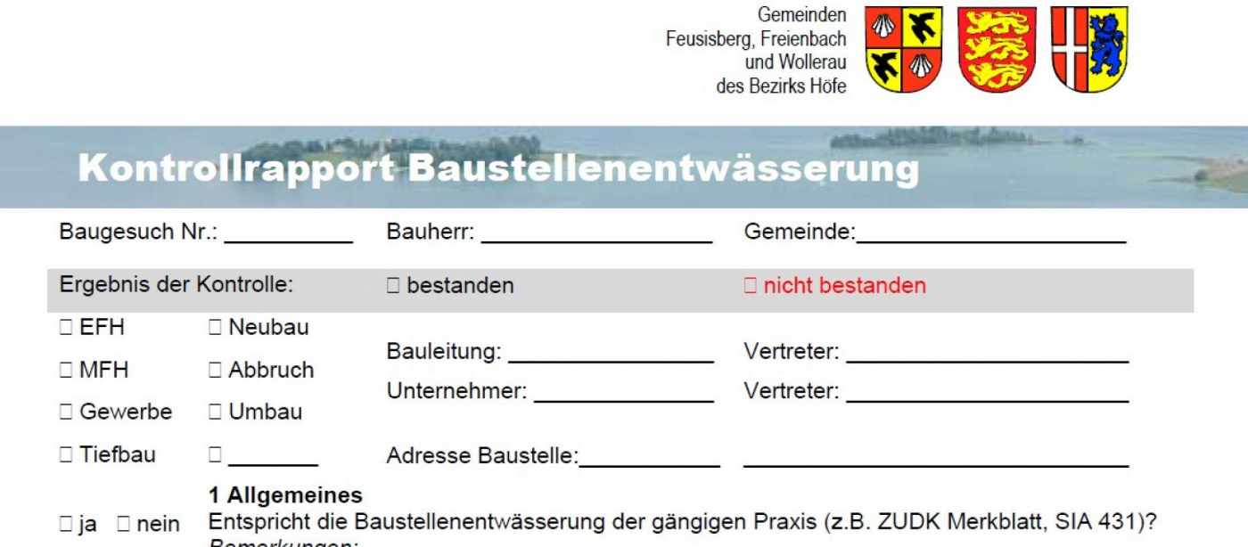 Umweltbaukontrolle Feusisberg, Durchführen von ordentlichen Kontrollen sowie von Stichproben anhand von Kontrollrapporten der Gemeinden Feusisberg, Freienbach und Wollerau des Bezirkes Höfe bei sämtlichen Bauvorhaben. Erstellen von Mängelberichten und Durchführen von Nachkontrollen. Erstellen der Protokolle.