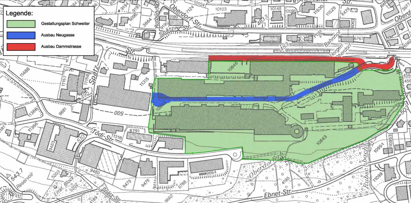 Infrastrukturanlagen Schweiter Areal, Horgen, Grundlagenbeschaffung und umfassende Feldaufnahmen KoordinationLeitungsprojekte der Werke, Phase 31 Vorprojekt und Phase 32 Bauprojekt abgeschlossen, Realisierungszeitraum noch offen