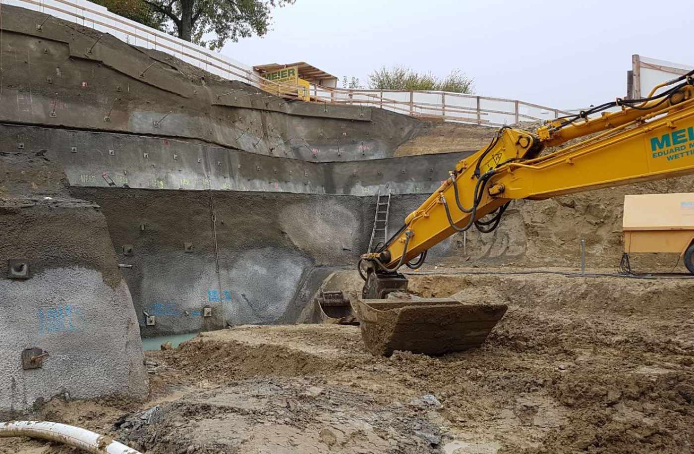 Baugrube Weiherstrasse, Buchs ZH, Projekt, Ausschreibung Sicherung + Aushub und technische Bauleitung Baugrube