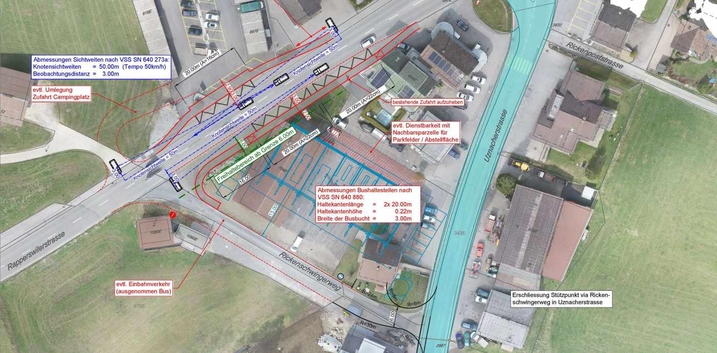 Neubau Stützpunkt, Ricken, Grundlagenbeschaffung, Festlegung der Rahmenbedingungen, Varianten Grundstückserschliessung, VariantenstudiumBushaltestellen, Ausarbeitungder Bestvarianten CAD, Abgabe Verkehrskonzept als Bericht