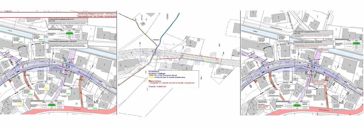 Totalsanierung
Rickenstrasse Gommiswald-Kaltbrunn, Betriebskonzept, Begehung, Grundlagenaufarbeitung, Beurteilung Strassenlage, Trassierung, Sichtverhältnisnachweise, Auswertung Unfallstatistik, Langsamverkehrsanlagen, Beurteilung Strassenoberbau, visuelle Beurteilung Kunstbauten, Aufnahme/Auswertung Strassenentwässerung, Beurteilung hydraulischer/baulicher Zustand Bachdurchlässe, Defizitanalyse, Massnahmenformulierung