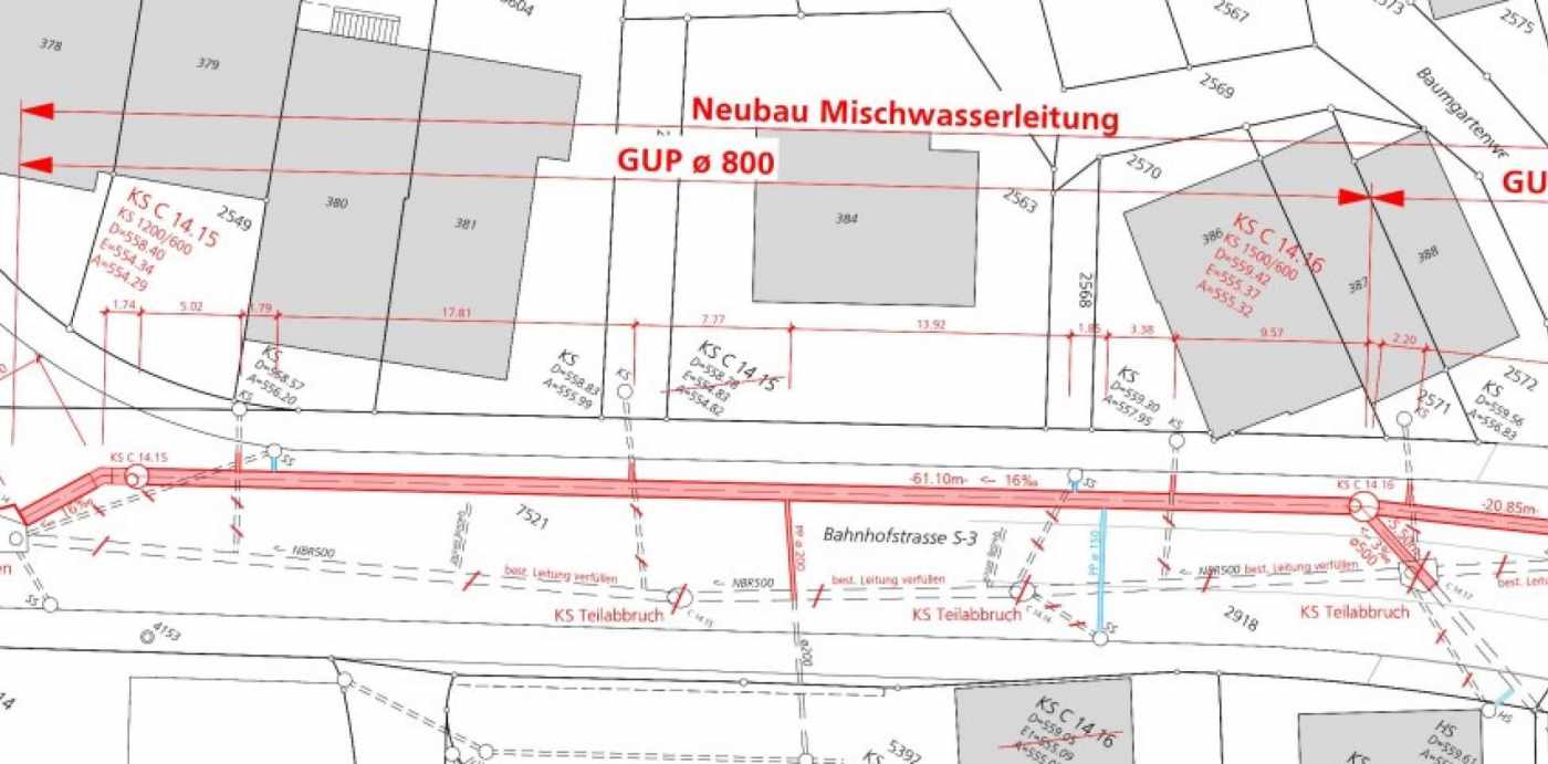 Neubau Mischwasserkanal Bahnhofstrasse, Wetzikon, Bauprojekt 2007, Ausführungsprojekt 2008, Bauleitung 2008