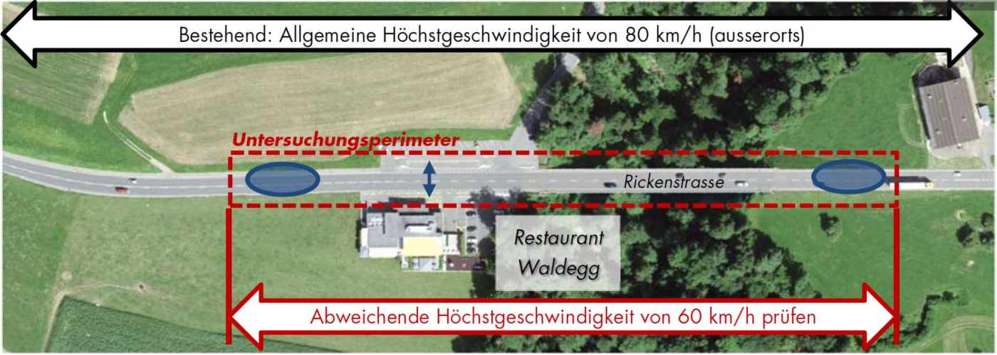 Verkehrsgutachten Abweichende Höchstgeschwindigkeit Bereich Restaurant Waldegg Eschenbach SG, Analyse Ist-Zustand, Auswertung Unfallstatistik, Ermittlung und Beurteilung der Gefahrensituationen, Ermittlung und Beurteilung der Rechtmässigkeit einer Geschwindigkeitsreduktion gem. Art. 108 SSV, Beurteilung der Auswirkungen der Geschwindigkeitsreduktion auf das Projekt