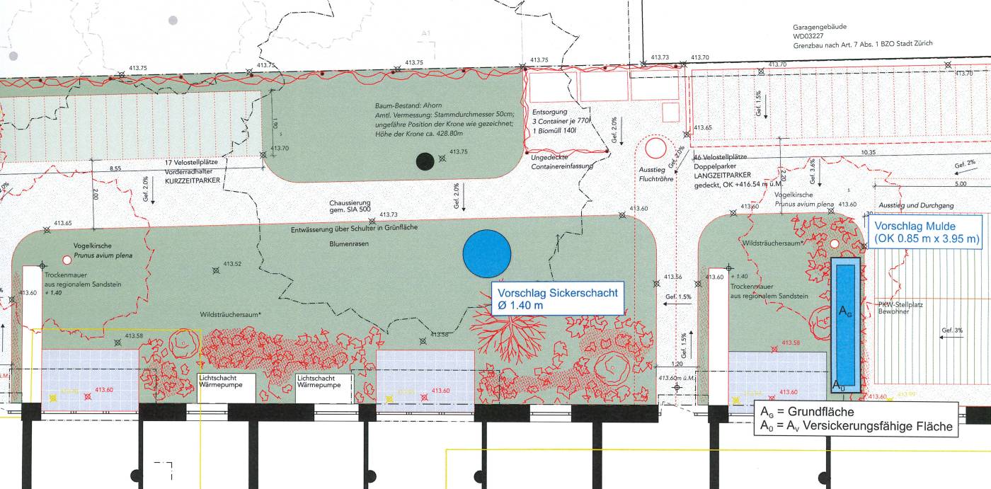 Ersatzneubau MFH Aegertenstrasse, Zürich, Versickerungsanlage, Konzeptionierung Regenwasserbewirtschaftung, Dimensionierung unterirdische Versickerungsanlage, Dimensionierung Mulde zur oberirdischen Versickerung mit Bodenpassage