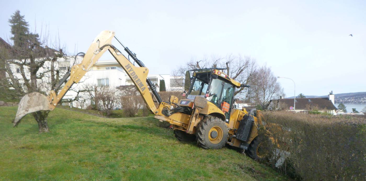 Neubau von 2 MFH und 2 EFH am Kreuzbühlweg, Oberrieden, 2 Baggersondierschächte, 10 Rammsondierungen, Geologischer Schnitt / Geotechnischer Bericht, Untersuchung der Schadstoffbelastung im Boden (ehemaliger Rebberg), Fotos:, Zugang durch Hecke / Siltmergel (oben) /bunte Mergel (unten)