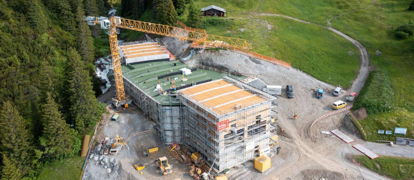 Station Startgels, FlemXpress, Flims Baustellendoku mit CraneCam, Installation & Einmessen Passpunkte, CraneCams auf 1 Kran, Automatische Prozessierungen, Visualisierung im TEDAMOS Web